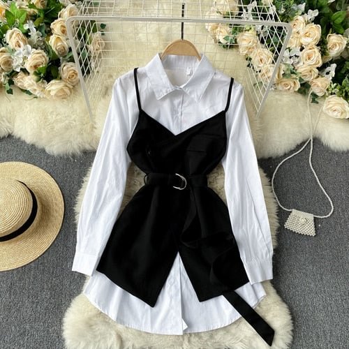 FTLZZ Summer New Arrival Office Ladies Long Sleeve White Shirt Retro Shirt Dress Sling Outside with Belt Slim Two-piece Suit