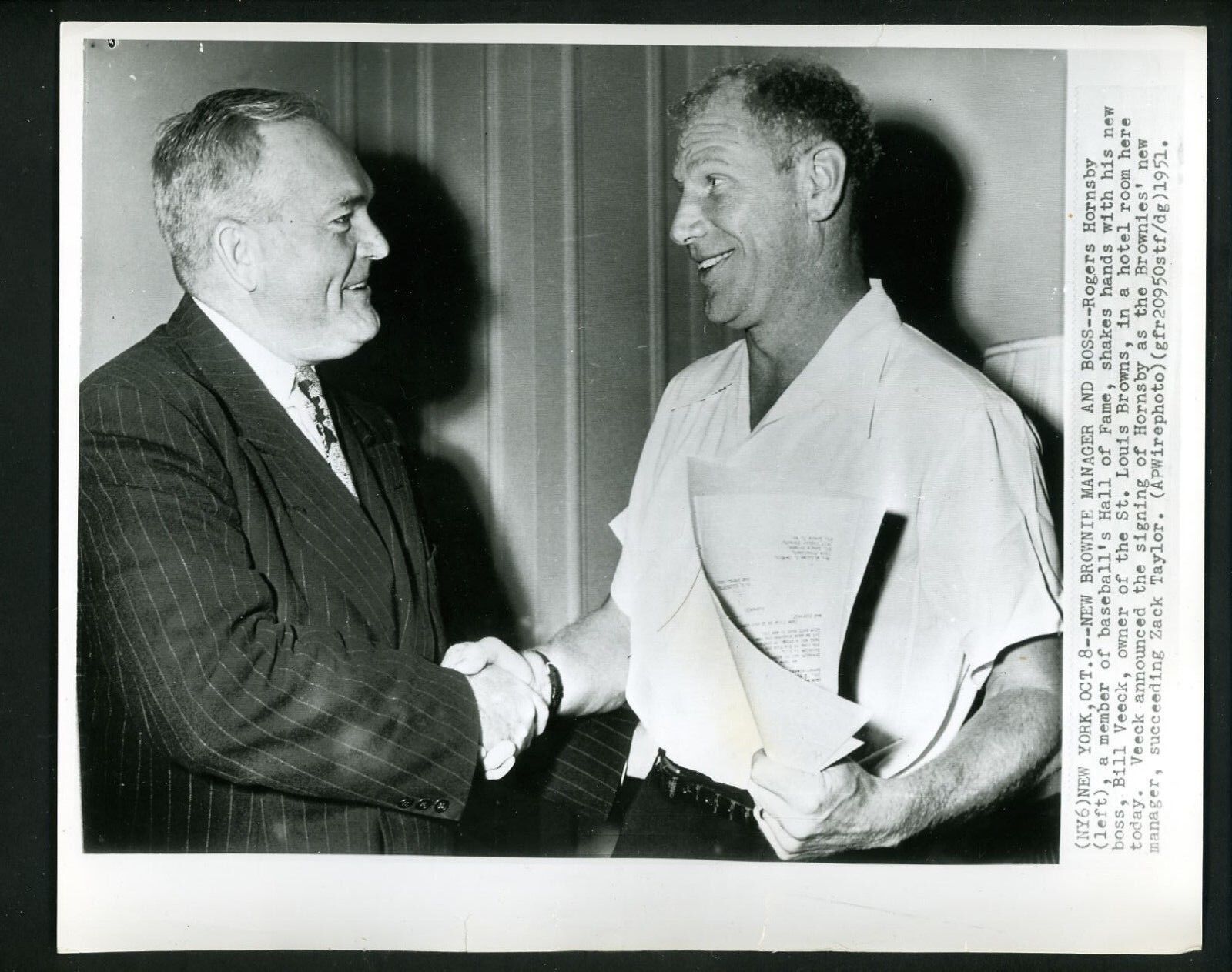 Rogers Hornsby named new St. Louis Browns Manager Bill Veeck 1951 Press Photo Poster painting