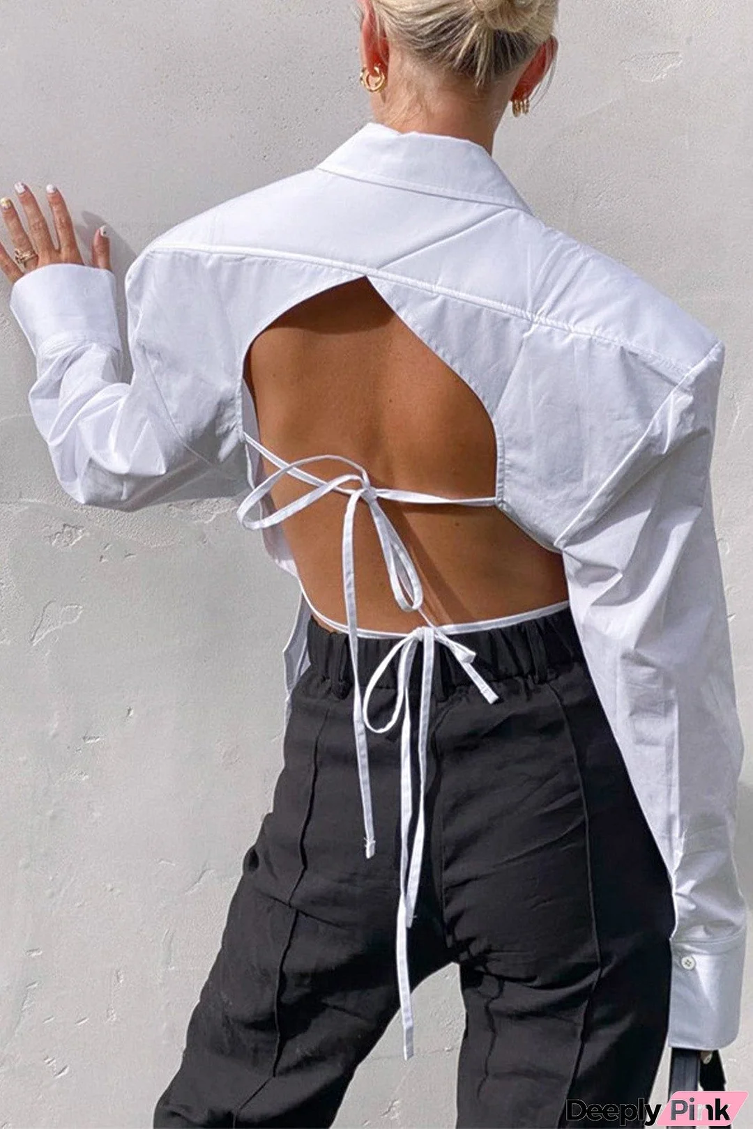 White Backless Lace Up Shoulder Pads Long Sleeve Blouse