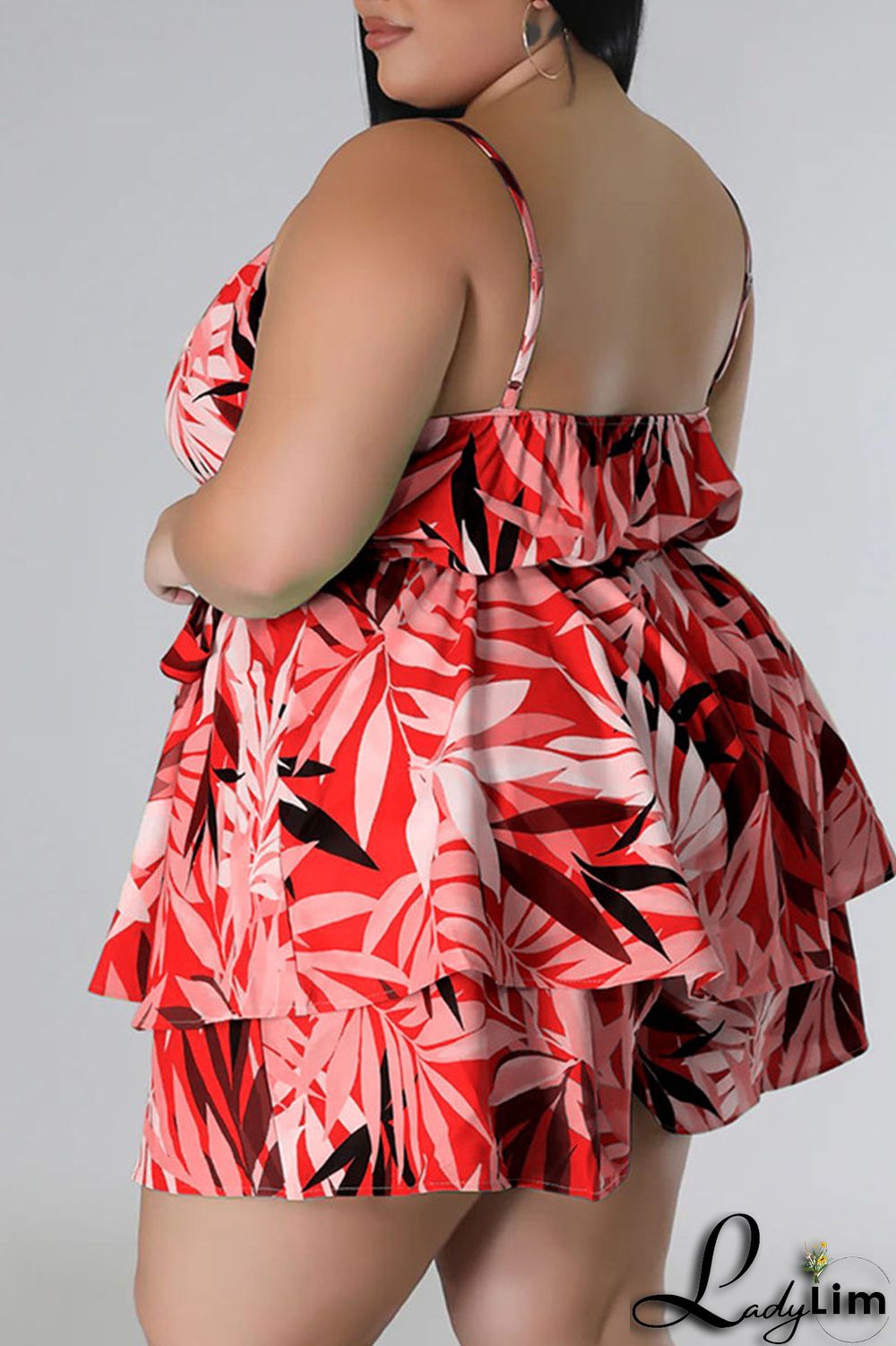 Blue Casual Print Patchwork Spaghetti Strap Plus Size Two Pieces