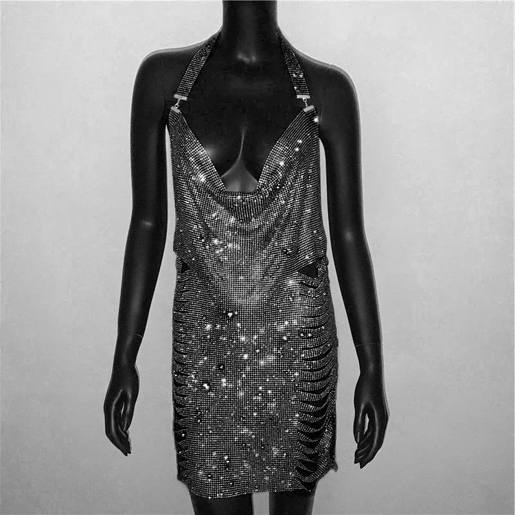 Metal Rhinestone Hollow Out Backless Halter Mini Slip Dress