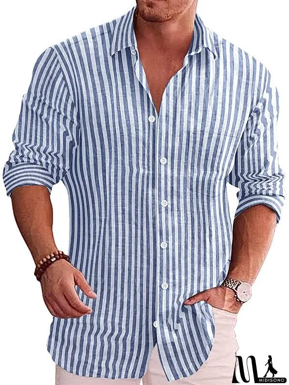 MidiSono - Men Casual Turn Down Collar Striped Cotton Shirt