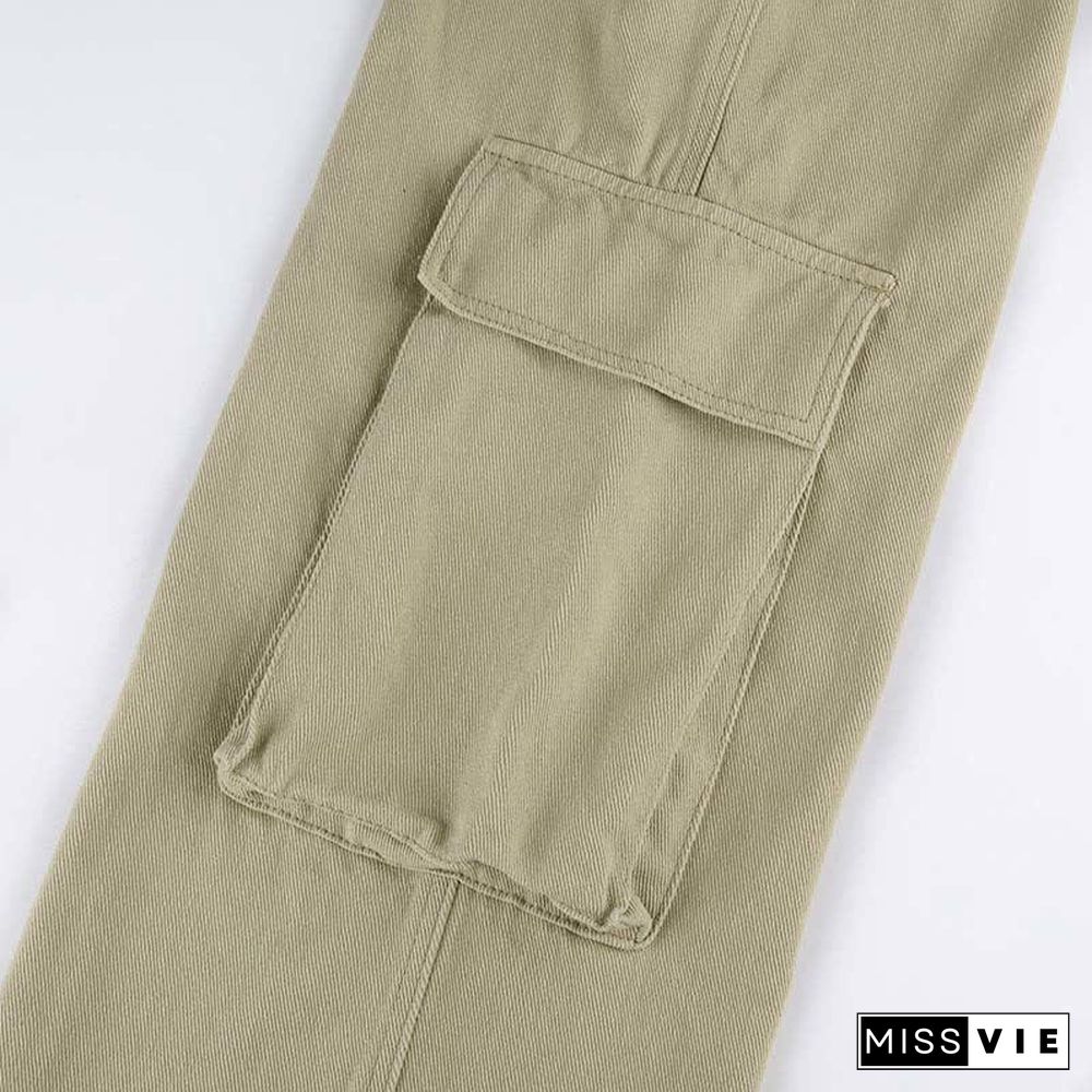 Vintage Pure Color Multi Pocket Cargo Denim Pants