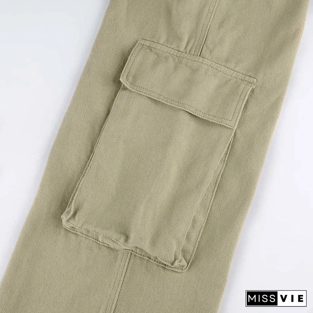 Vintage Pure Color Multi Pocket Cargo Denim Pants