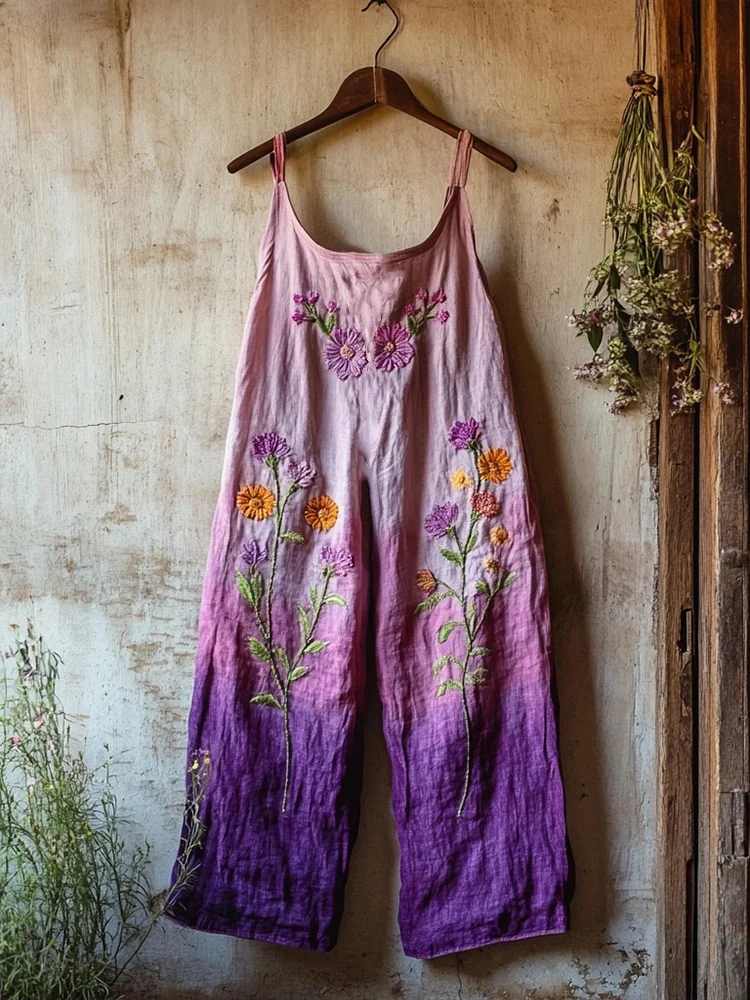 Women's Floral Embroidered Linen Blend Purple Gradient Jumpsuit