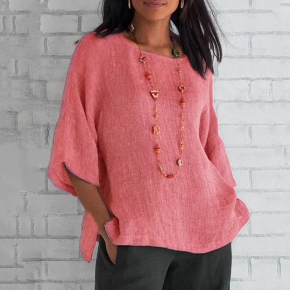 Smiledeer New Ladies Solid Color Cotton Linen Three Quarter Sleeve Shirt Top