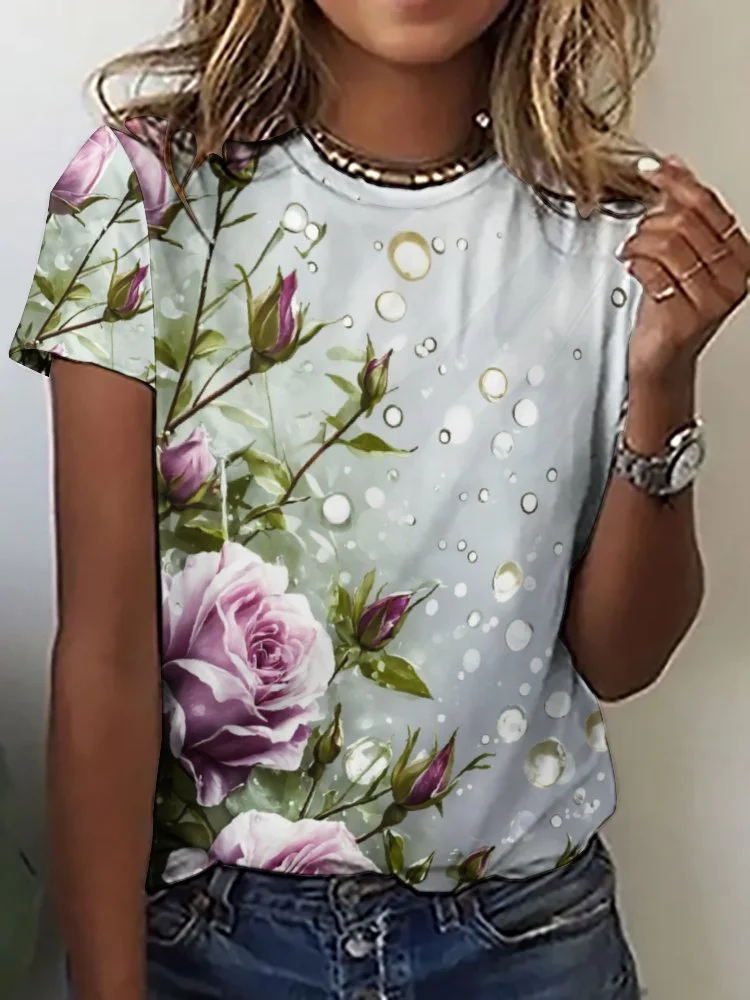 Printed Short Sleeve Casual T-shirt for  Women and Men Unisex Pattern Floral, Pink, Green