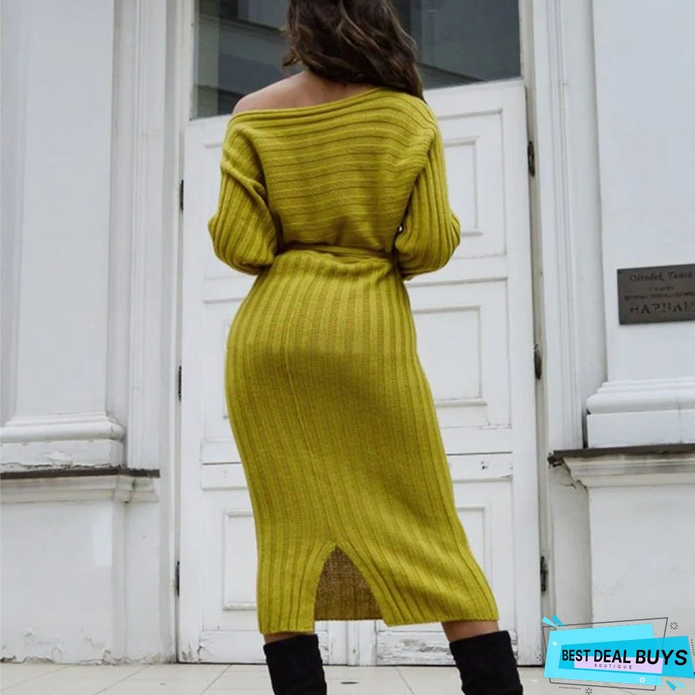 New Fashion Women's Shoulder Sweater Dress In Autumn and Winter Black Dresses
