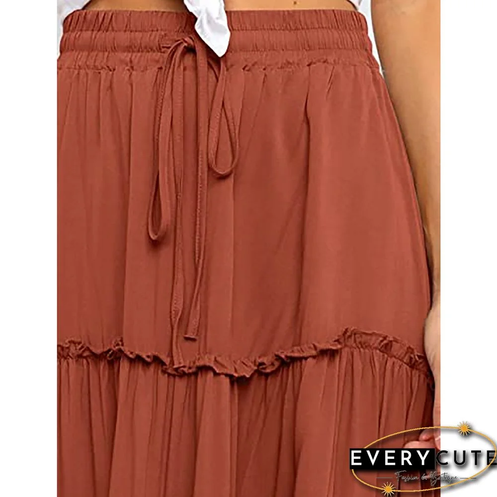 Orange High Waist A-line Drawstring Maxi Skirt