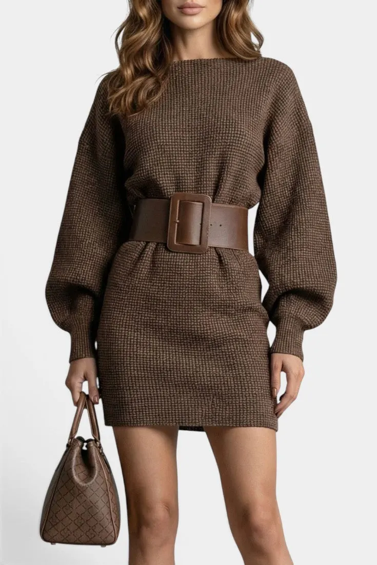 Structured Belted Mini Dress with Puffed Sleeves