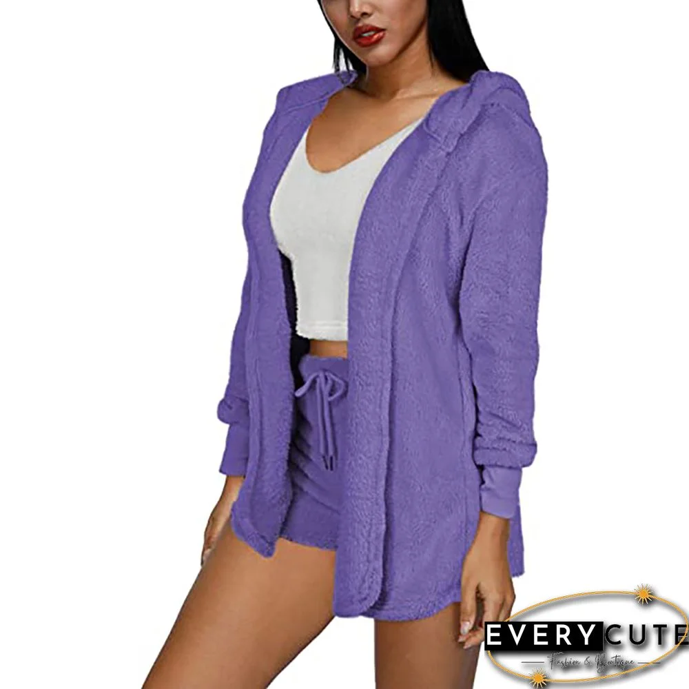 Purple Plush Hoodie with Shorts and White Vest 3pcs Set