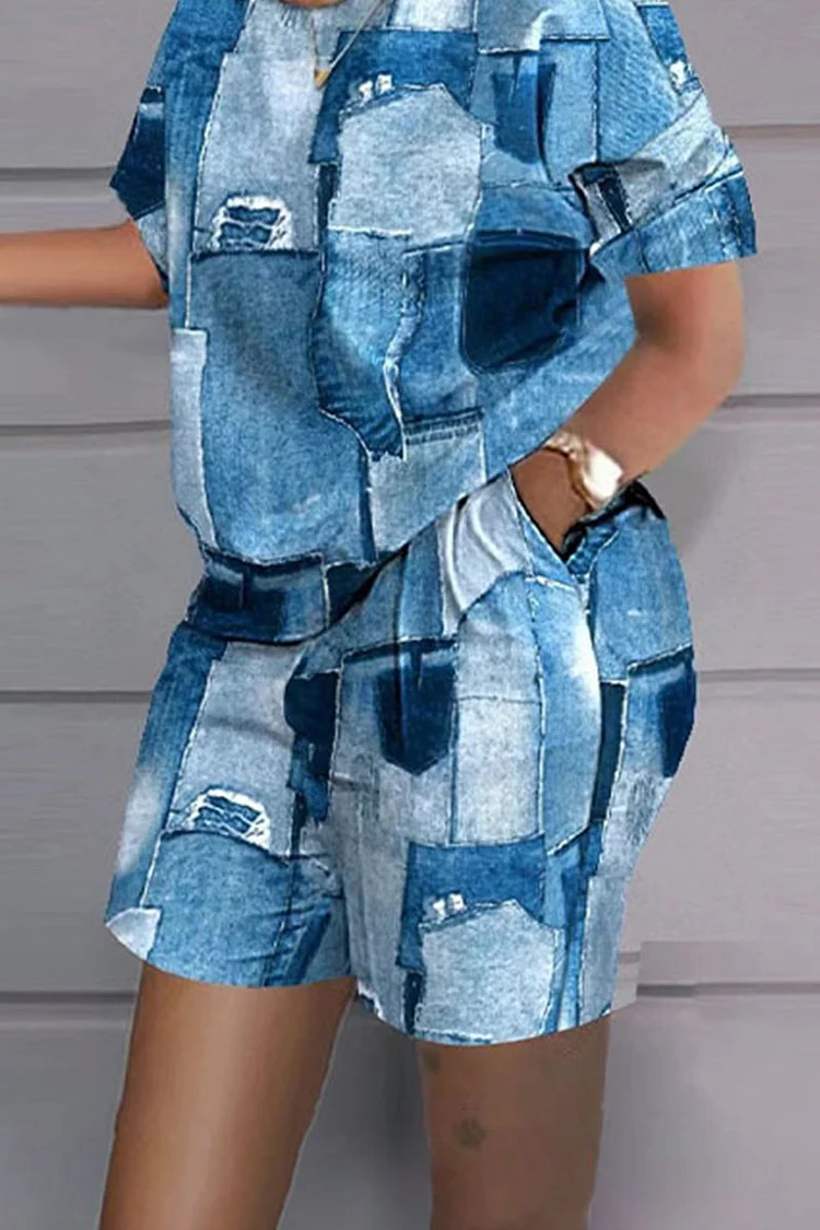 Xpluswear Plus Size Blue Casual All Over Print Short Sleeve Two Pieces Short Set
