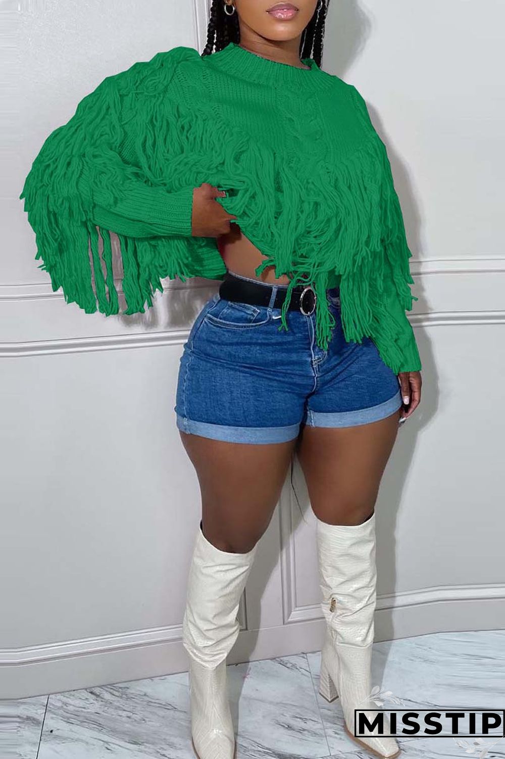 Black Casual Solid Tassel O Neck Tops