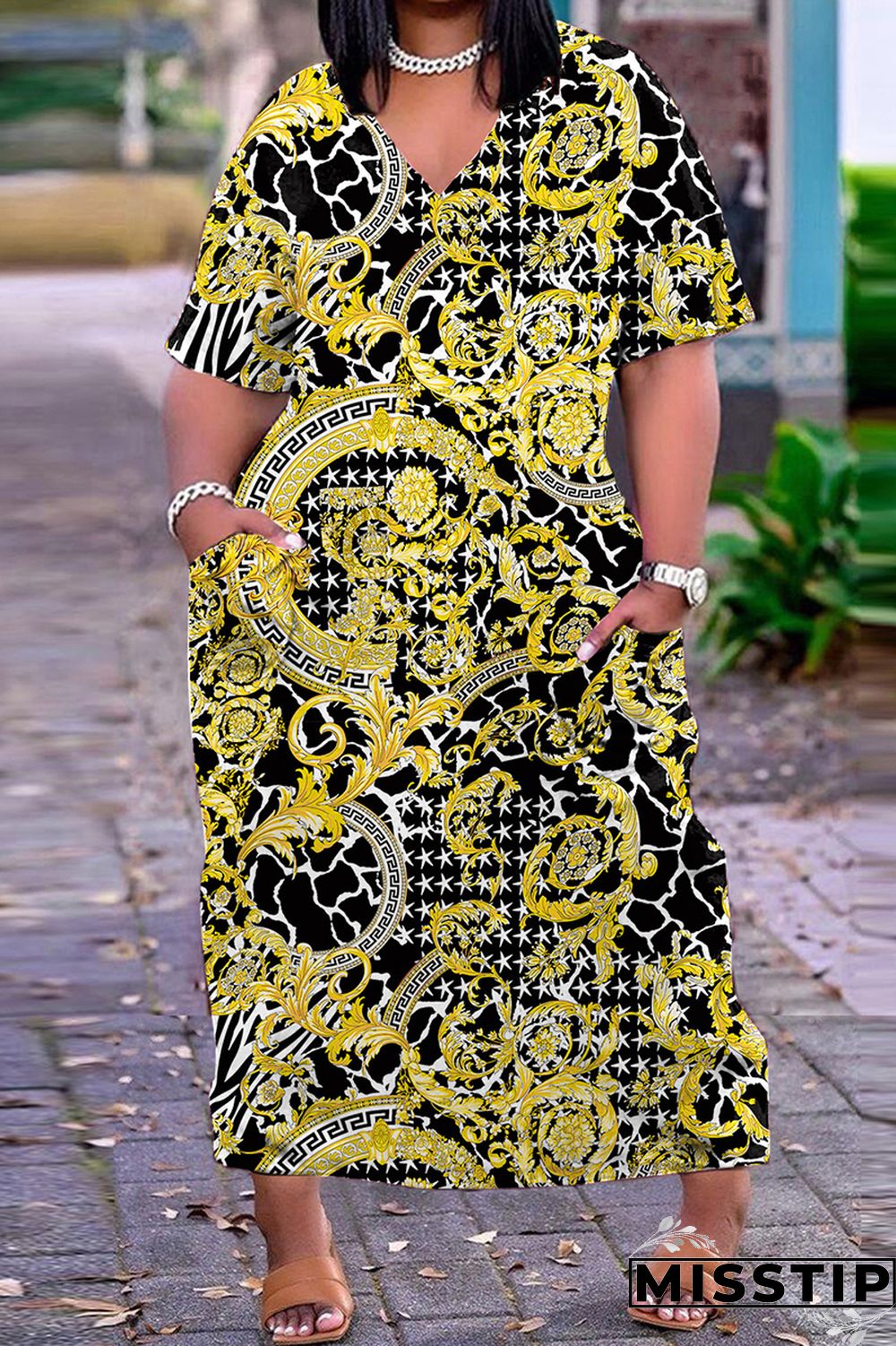 Dark Blue Casual Print Patchwork V Neck Short Sleeve Dress