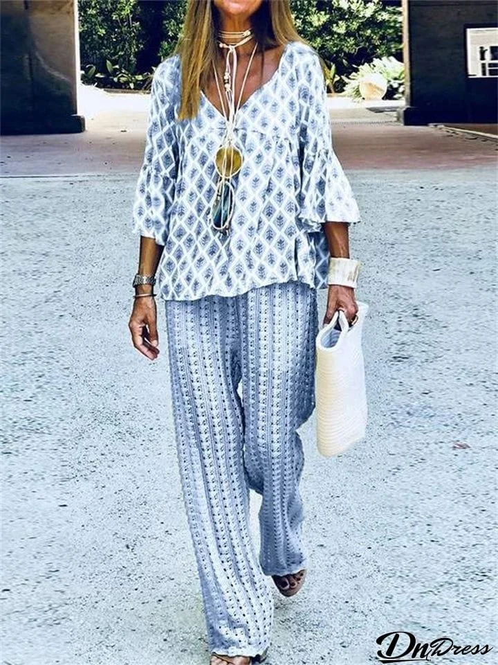 Women's Fashion V Neck Diamond Print Shirt and Loose Pants