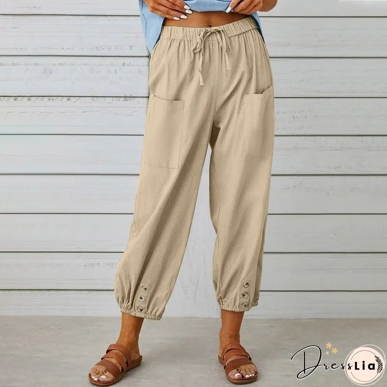Women's High Waist Button Cotton Linen Trousers Pants