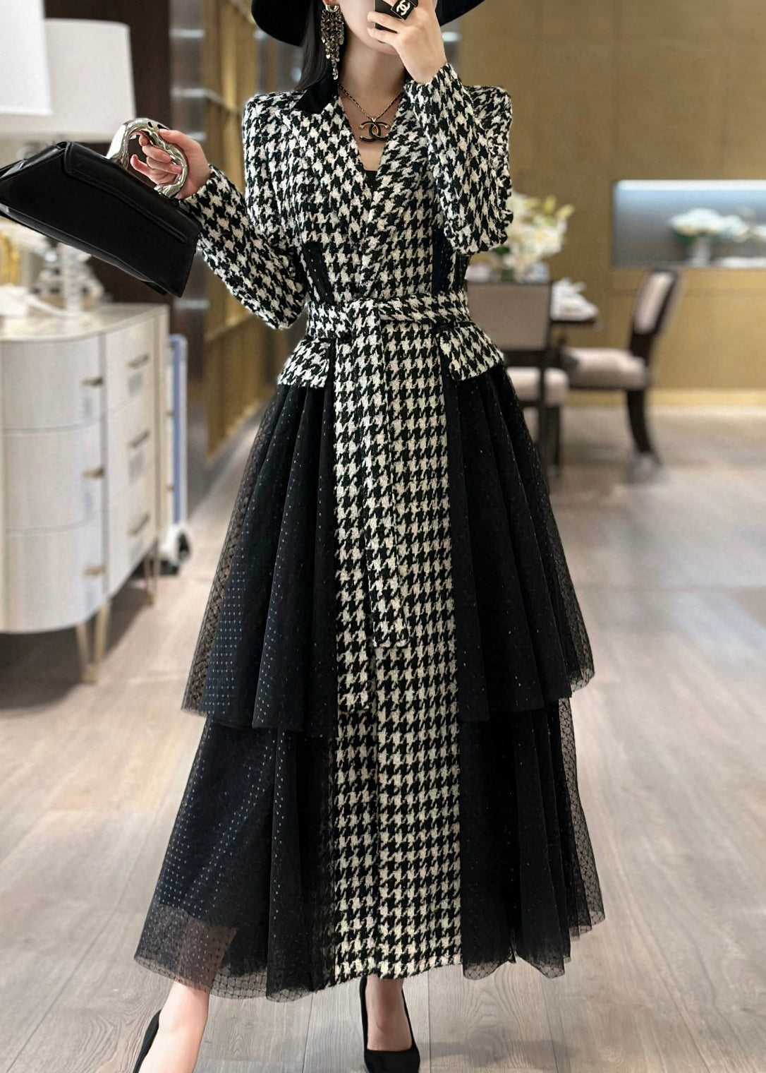VCSHOES Plaid Tie Waist Tulle Patchwork Long Trench Coat Fall