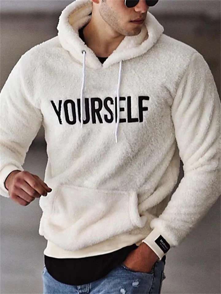 Men's Hoodie Fuzzy Sherpa Black White Khaki Hooded Letter Pocket Print Cool Sportswear Casual Winter Fall & Winter Clothing Apparel Hoodies Sweatshirts Long Sleeve