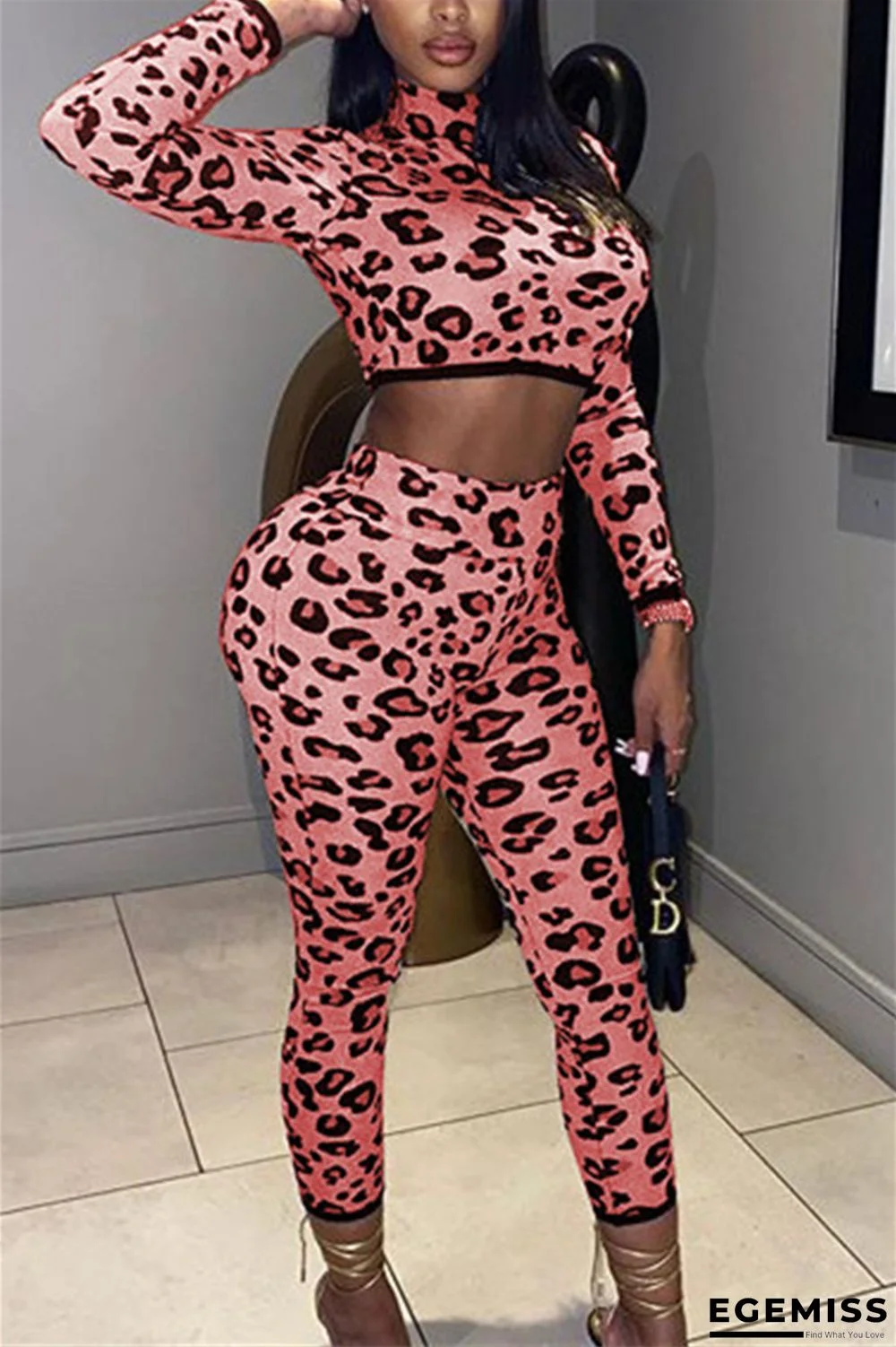 Pink Fashion Sexy Adult Leopard Patchwork O Neck Long Sleeve Regular Sleeve Short Two Pieces | EGEMISS
