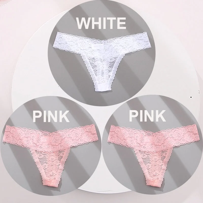 FINETOO 3PCS/Set M-XL G-string Thong Panties for Woman Sexy Lace Floral Underwear Transparent Women's Underpants Female Lingerie