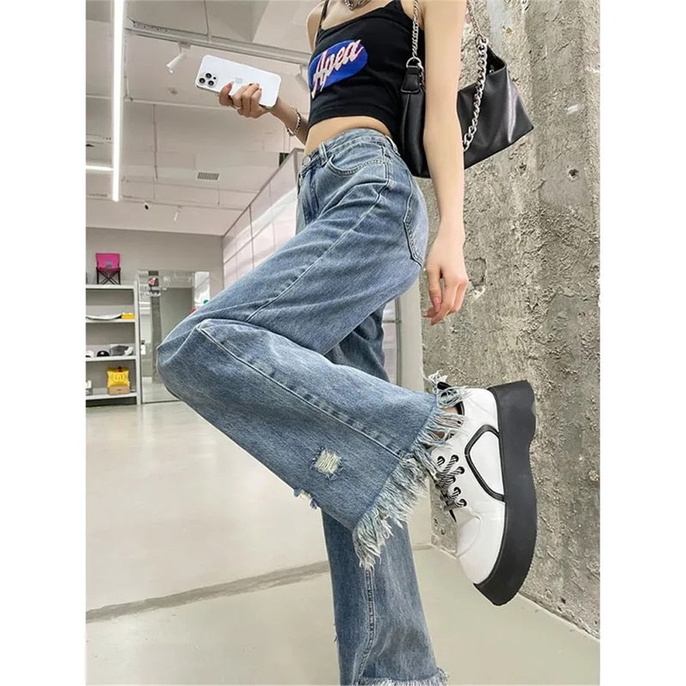 Uveng Emo Women Vintage Fringed Streetwear Wide Leg Jeans Tassel Denim Trousers Ripped Pants Straight High Waist Harajuku Clothes
