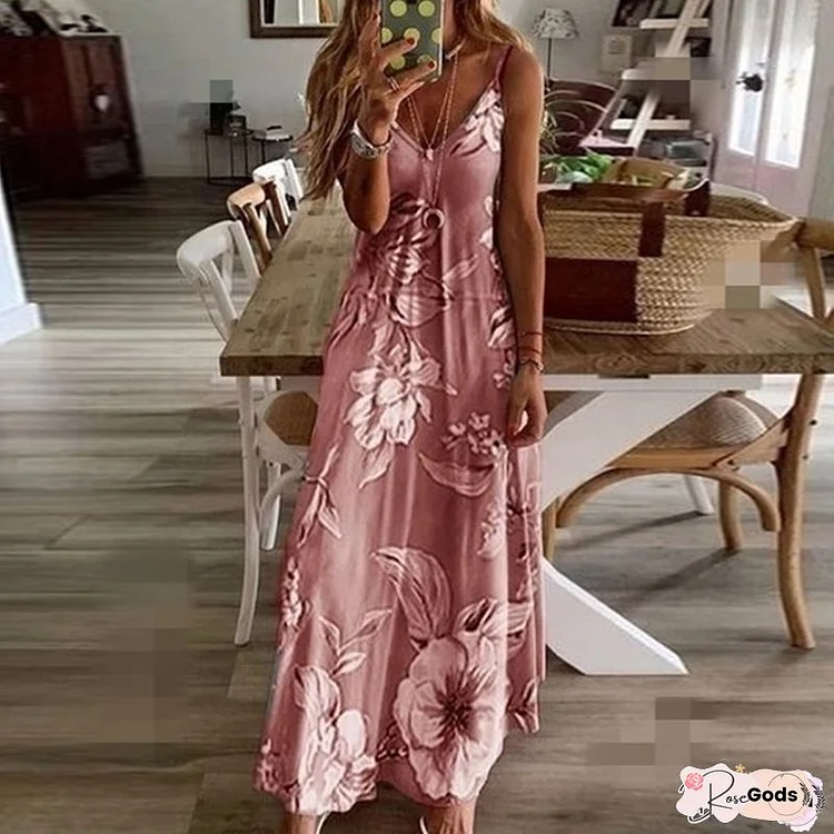 Women's Sundress Maxi Long Dress Sleeveless Floral Print Summer V Neck Hot Casual Holiday Beach Fuchsia