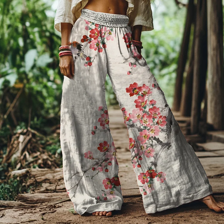 Vintage Floral and Bird Art Print Loose Pants