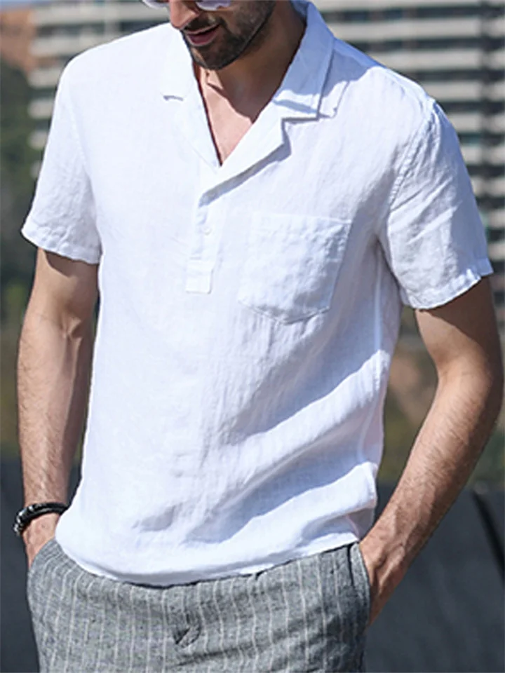 Men's Casual Linen Shirt Retro Stand-up Collar Slim Cotton Linen Shirt White Black Yellow Green
