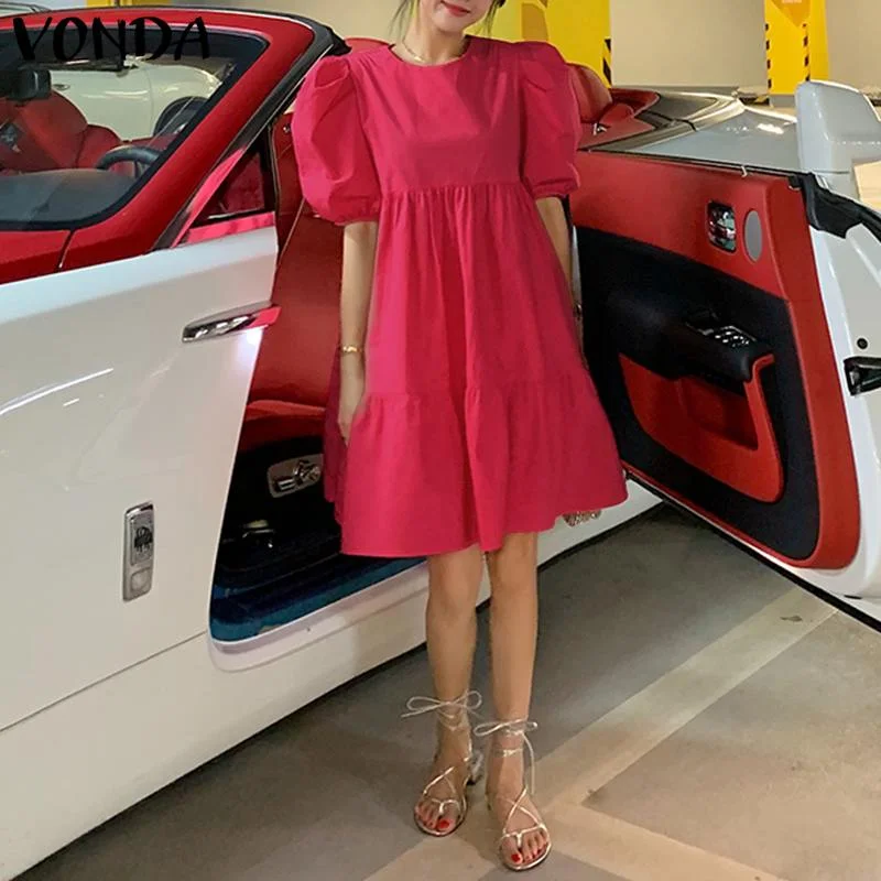 Casual Shorts Sleeve Solid Mini Dress VONDA 2022 Women Summer Puff Sleeve Pleated Dresses Bohemian Vestidos Summer Robe S-