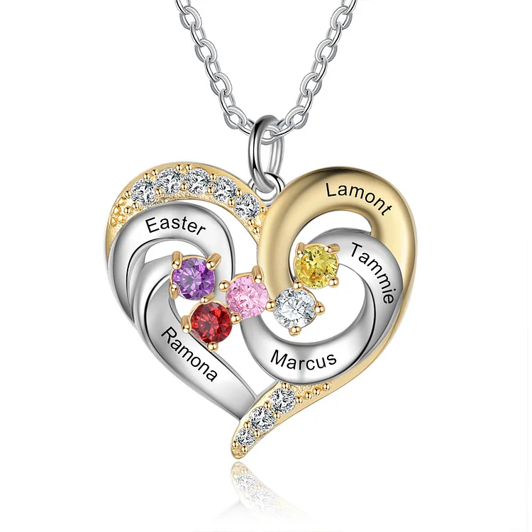 Personalized Diamond Heart Necklace with 5 Birthstones Two Tone Necklace