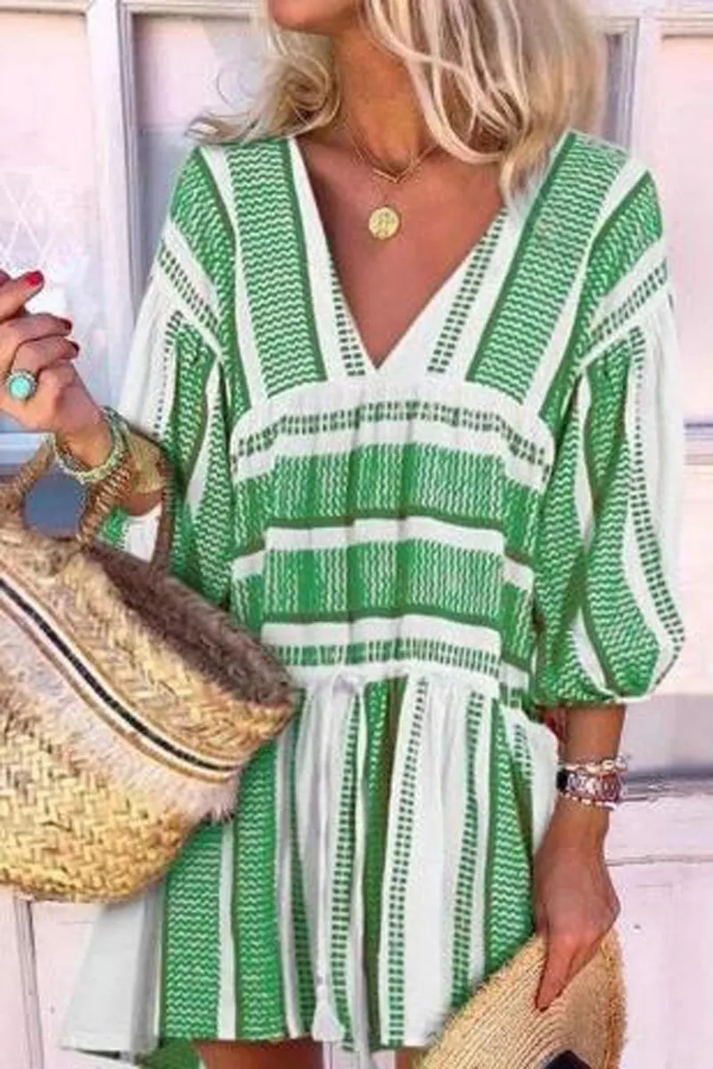 V-Neck Stripe Three Quarter Sleeve Dress