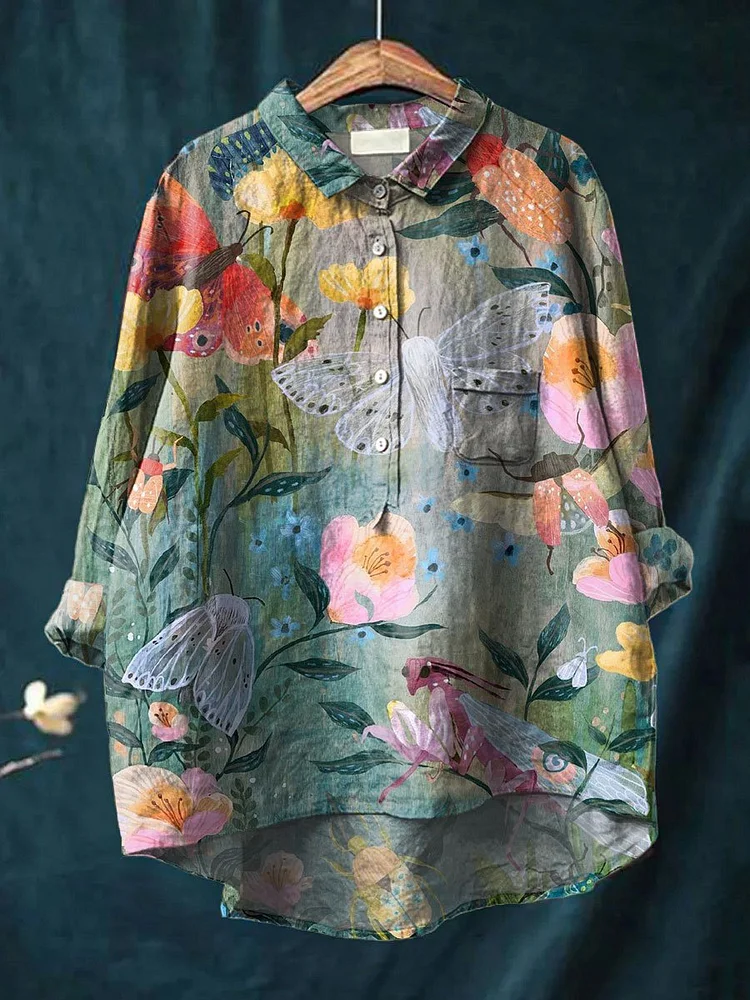 Womens Art Print Casual Cotton And Linen Shirt