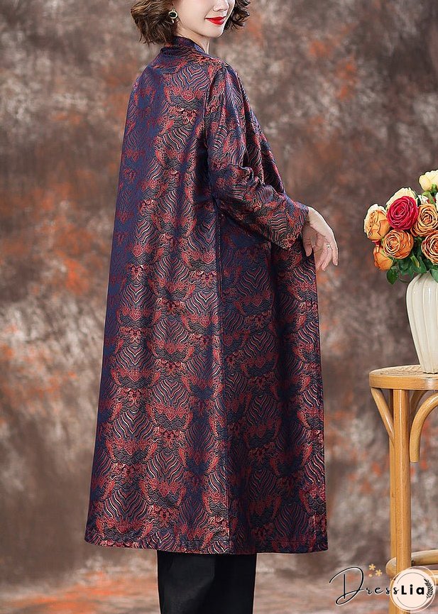 Purple Pockets Silk Coats Stand Collar Long Sleeve