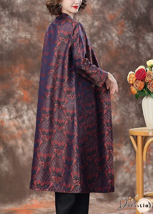 Purple Pockets Silk Coats Stand Collar Long Sleeve