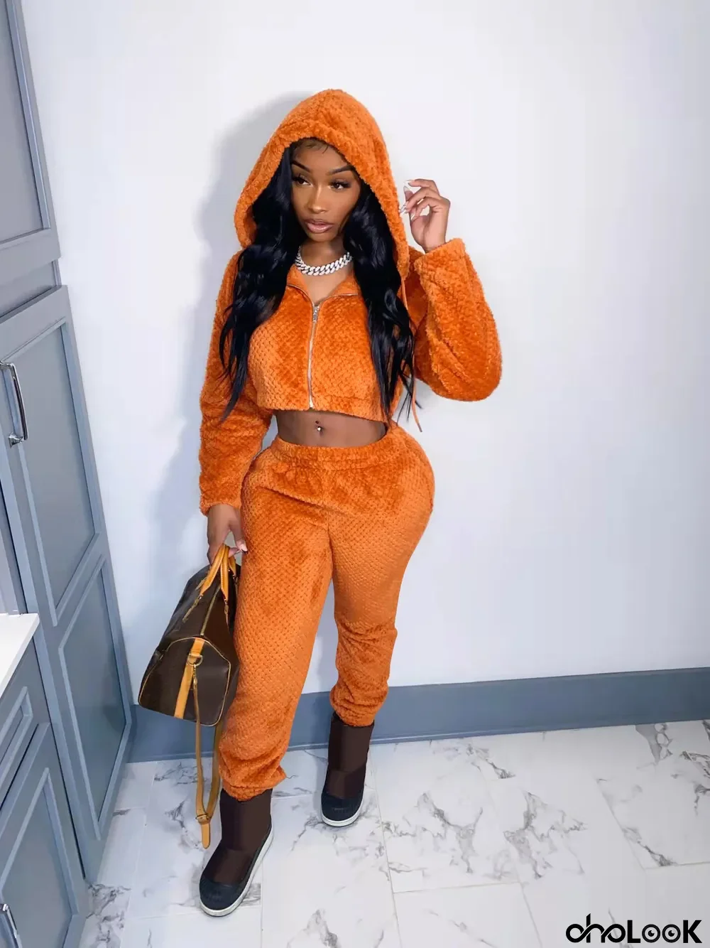 Winter Warm Plush Hooded Zipper Two Piece Sets