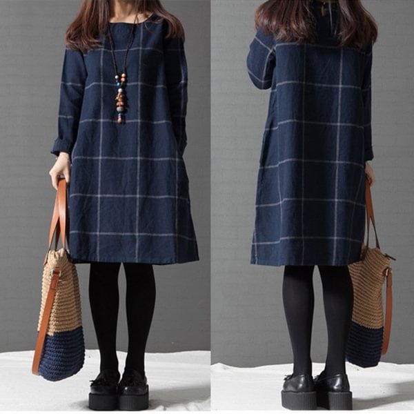 Women Literary Relaxed Korean Long-Sleeved Plaid Cotton And Linen Dress - BlackFridayBuys