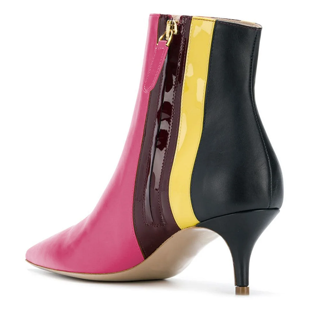 YDN Pointed Toe Zipper Kitten Heel Hot Pink Ankle Boots with Stripes