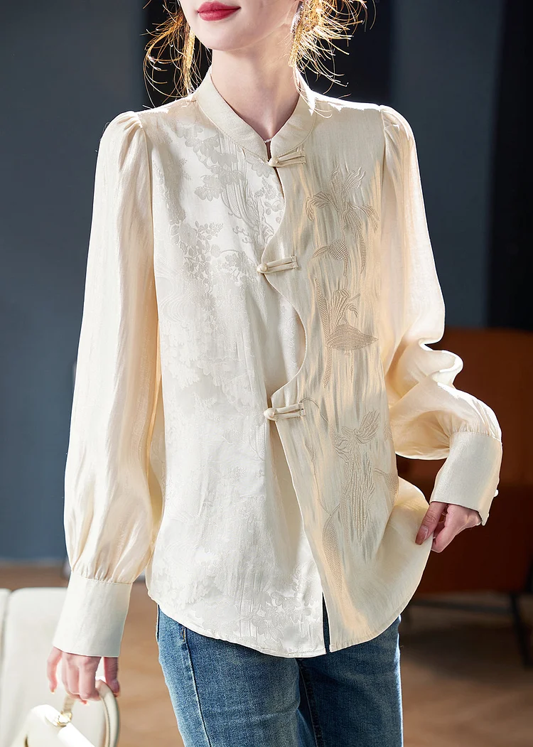 New Apricot Embroidered Button Cotton Shirt Long Sleeve
