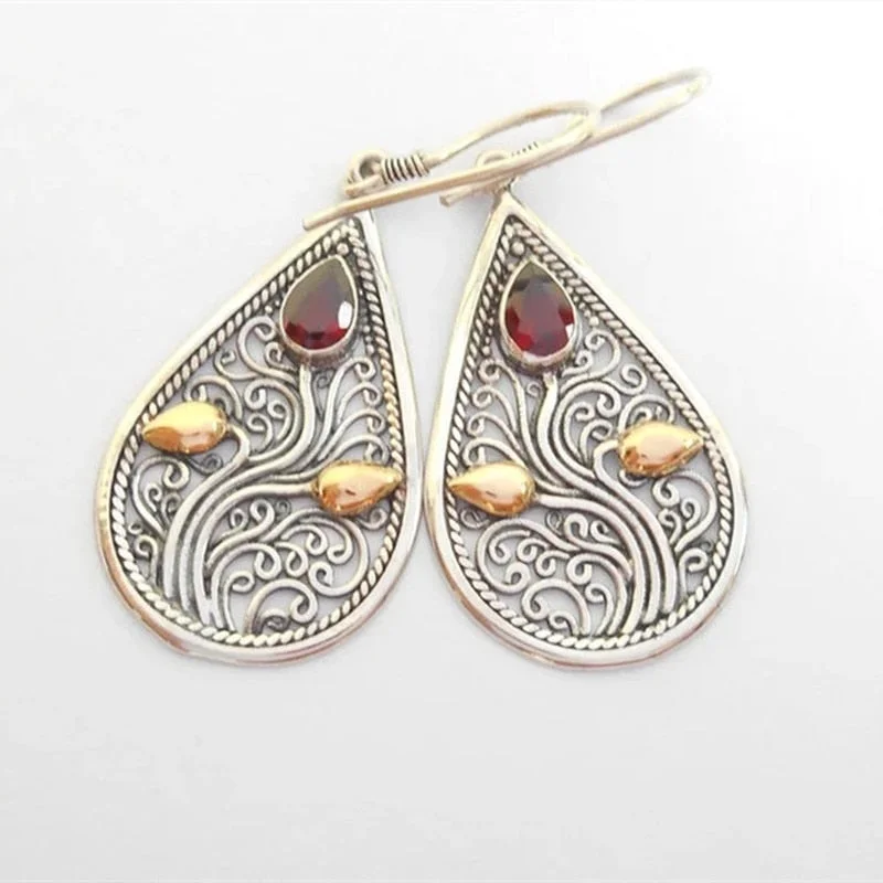 Vintage Waterdrop Metal Hand Carved Branch Inlaid Red Stone Ladies Hook Drop Earrings
