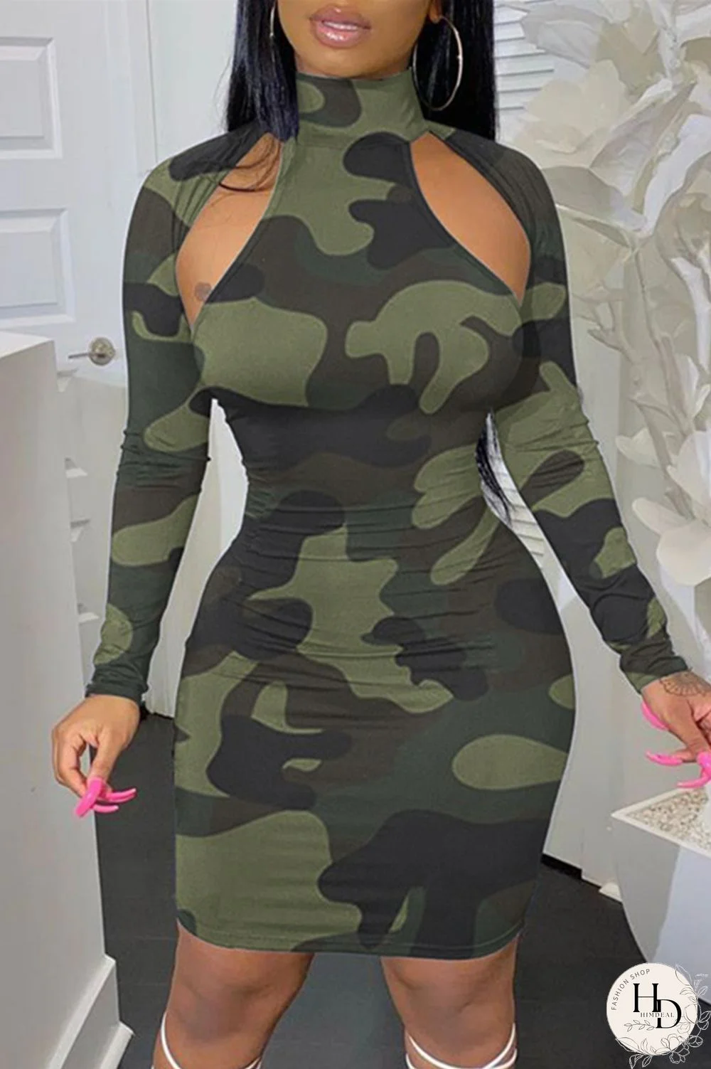 Army Green Fashion Sexy Camouflage Print Hollowed Out Turtleneck Long Sleeve Dresses