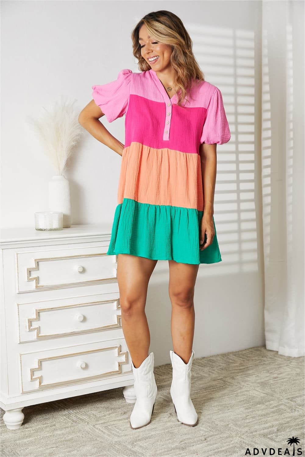 Double Take Color Block Buttoned Puff Sleeve Dress