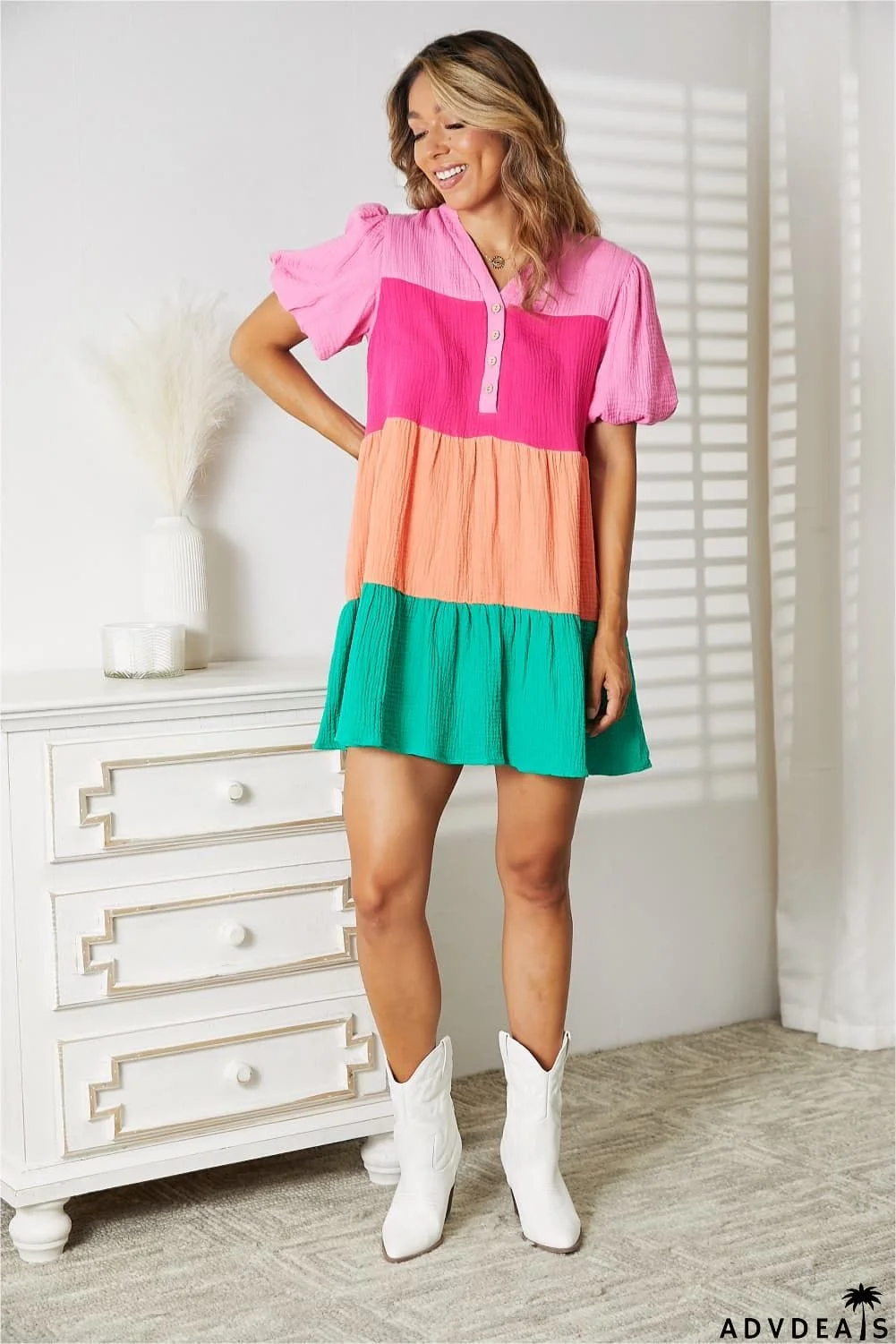 Double Take Color Block Buttoned Puff Sleeve Dress