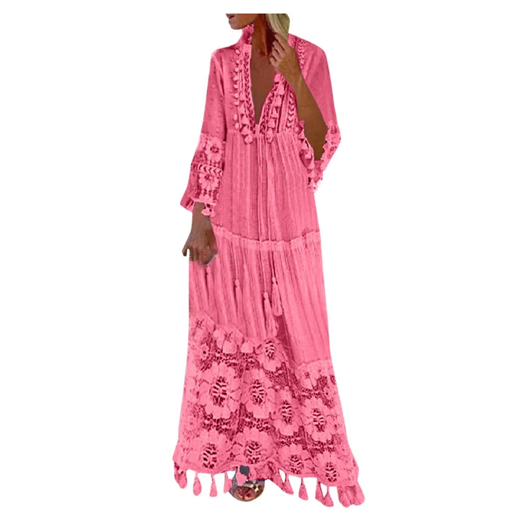 Bohemian Dress Women Summer Lace Tassel Long Dress V-neck Solid Color Party Maxi Dresses Long Sleeve Plus Size Beach Dresses