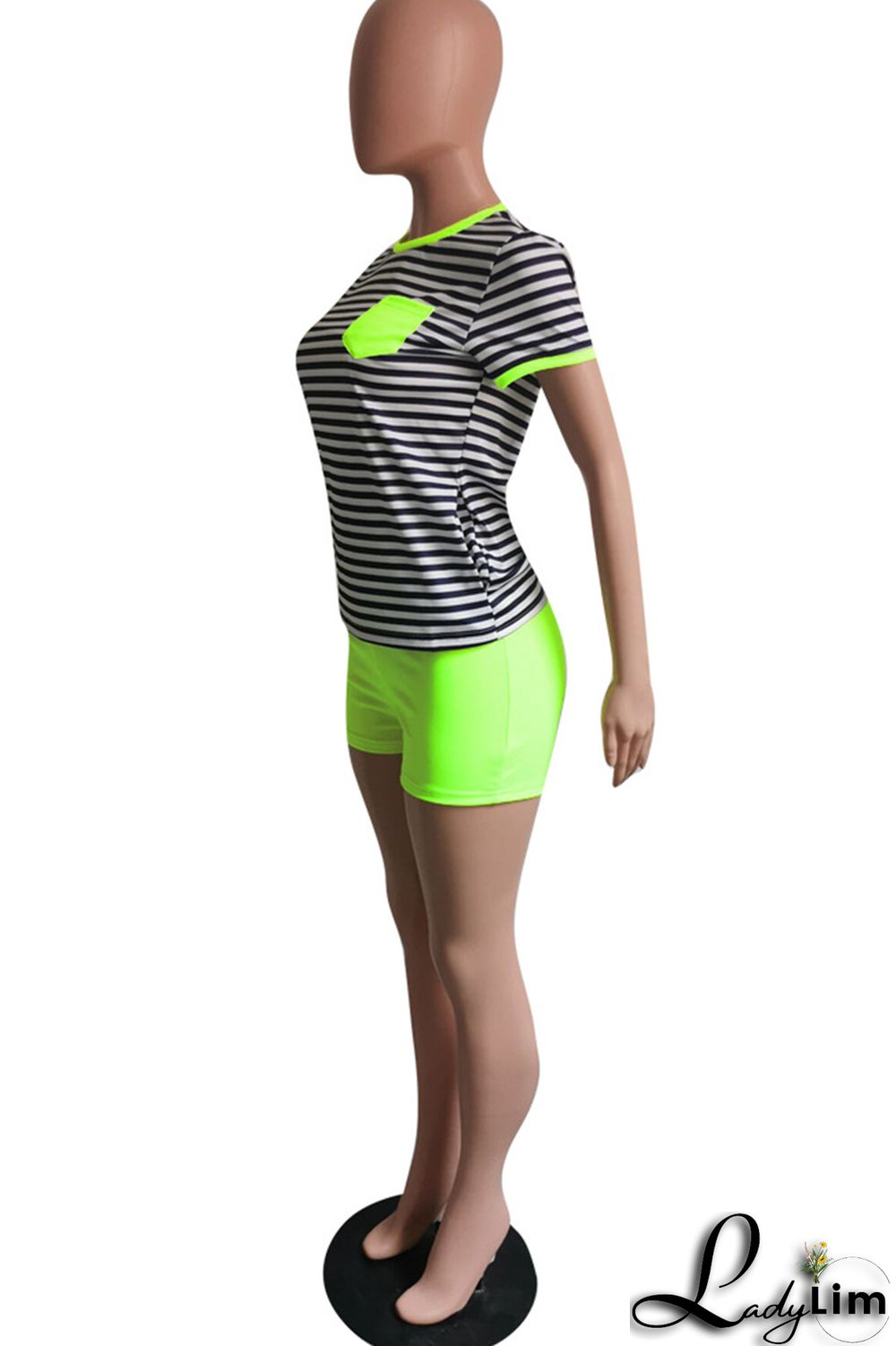 Fluorescent Green Fashion Casual Striped Print Patchwork O Neck Short Sleeve Two Pieces