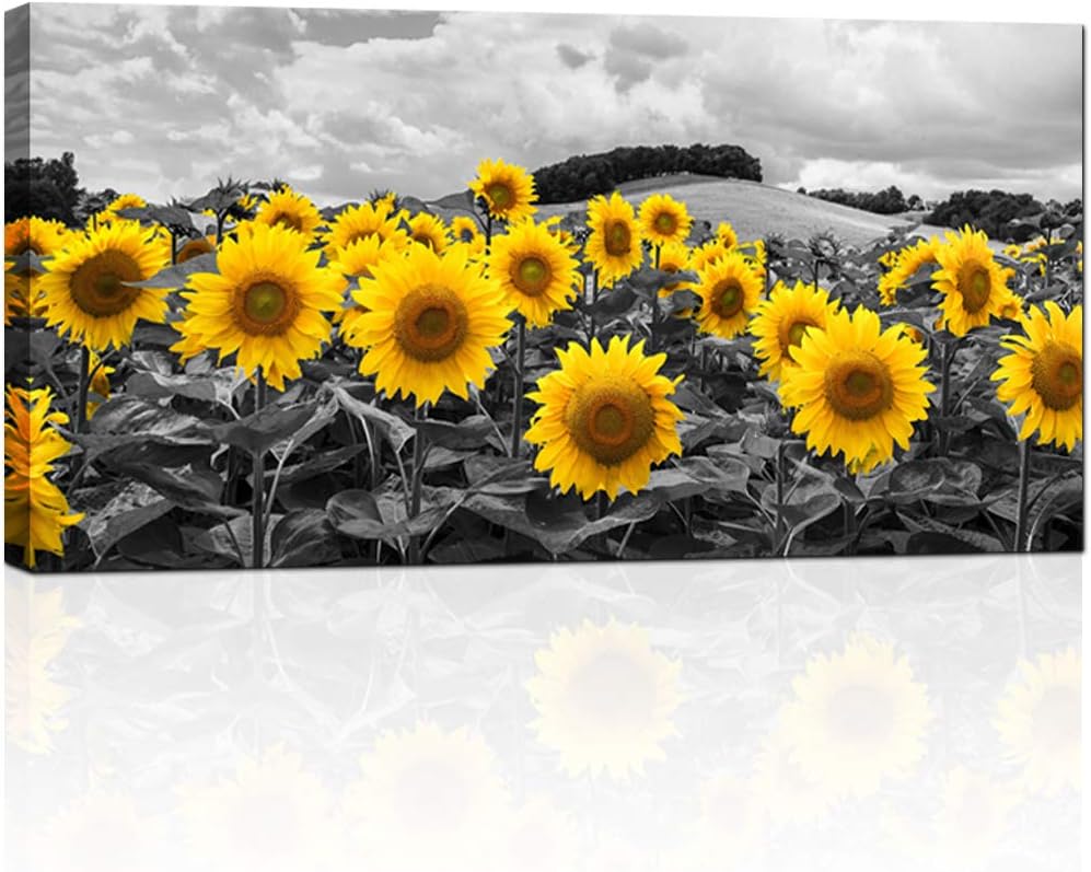 KLVOS Large Sunflower Art Wall Decor Black and White Floral Canvas Wall Art Giclee Print on Canvas Framed and Stretched Modern Home Living Room Bedroom Office Decoration Ready to Hang 24 inch x48 inch