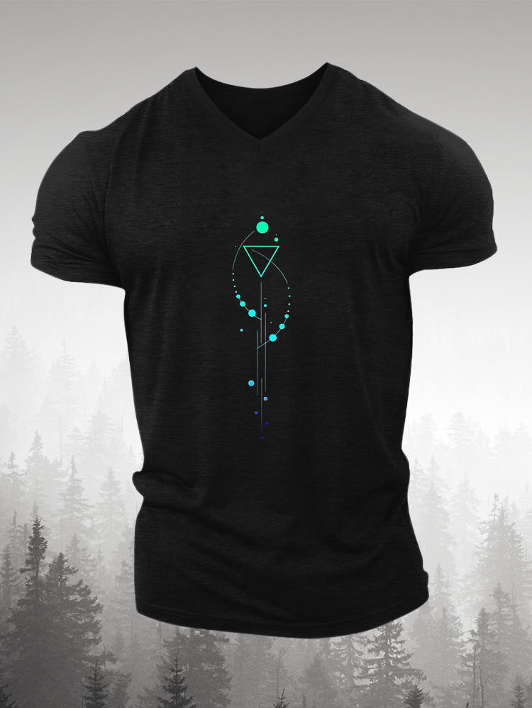 Men's Blue Interwoven Triangle Linear Printed Short Sleeve V-neck T-shirt