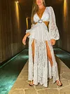 Plunging Backless Long Sleeves Maxi Dress