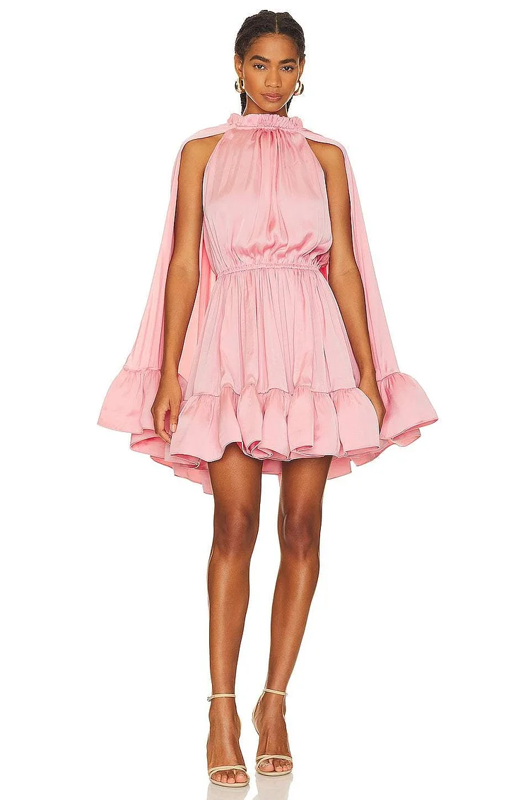 Halter Neck Tapered Waist Peplum Hem Mini Dress Pink