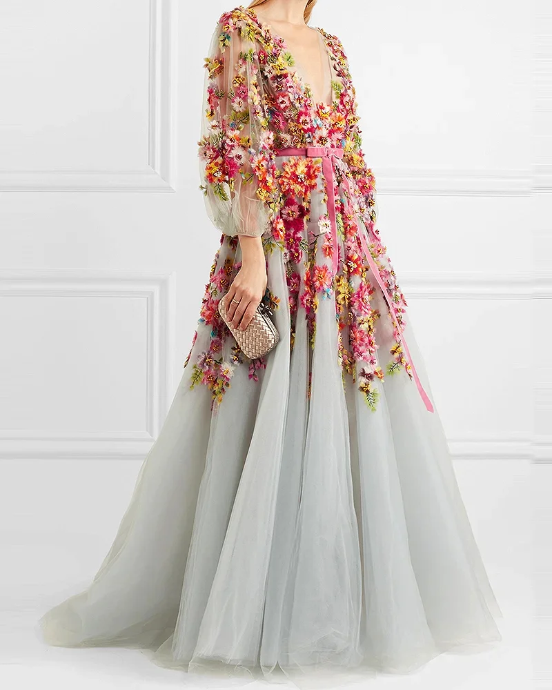 Multi-layer mesh V-neck Maxi Dress Flowers-01