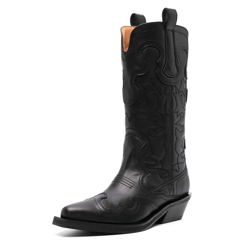 Black Snip Toe Chunky Heel Mid-Calf Boots for Women with Embroidery